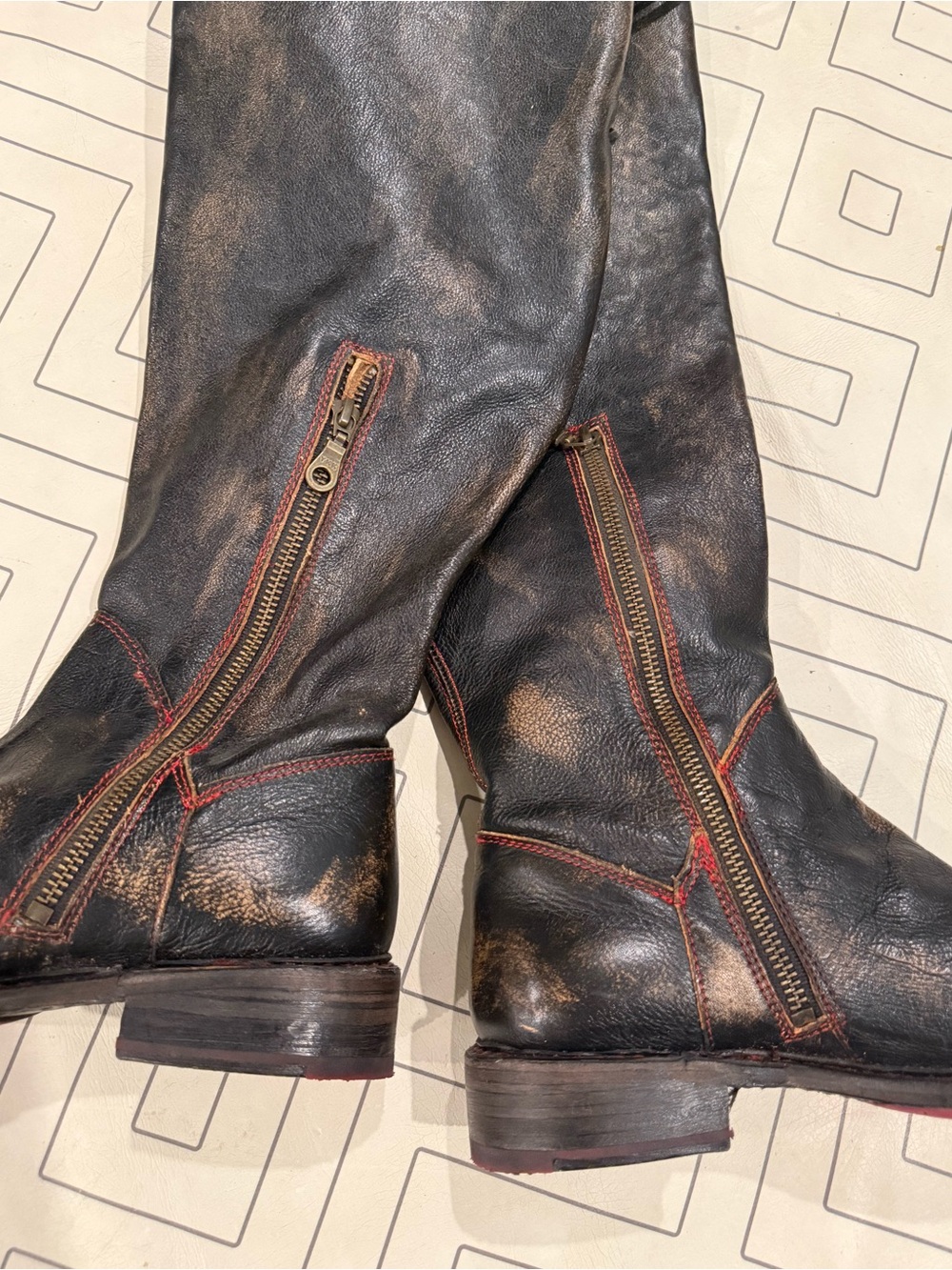 Bed | Stu Distressed Black Leather Riding Boots with Tie Calf - Picture 8 of 14